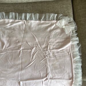 3-6 months pink baby girl ruffle footie with a tulle trim blanket